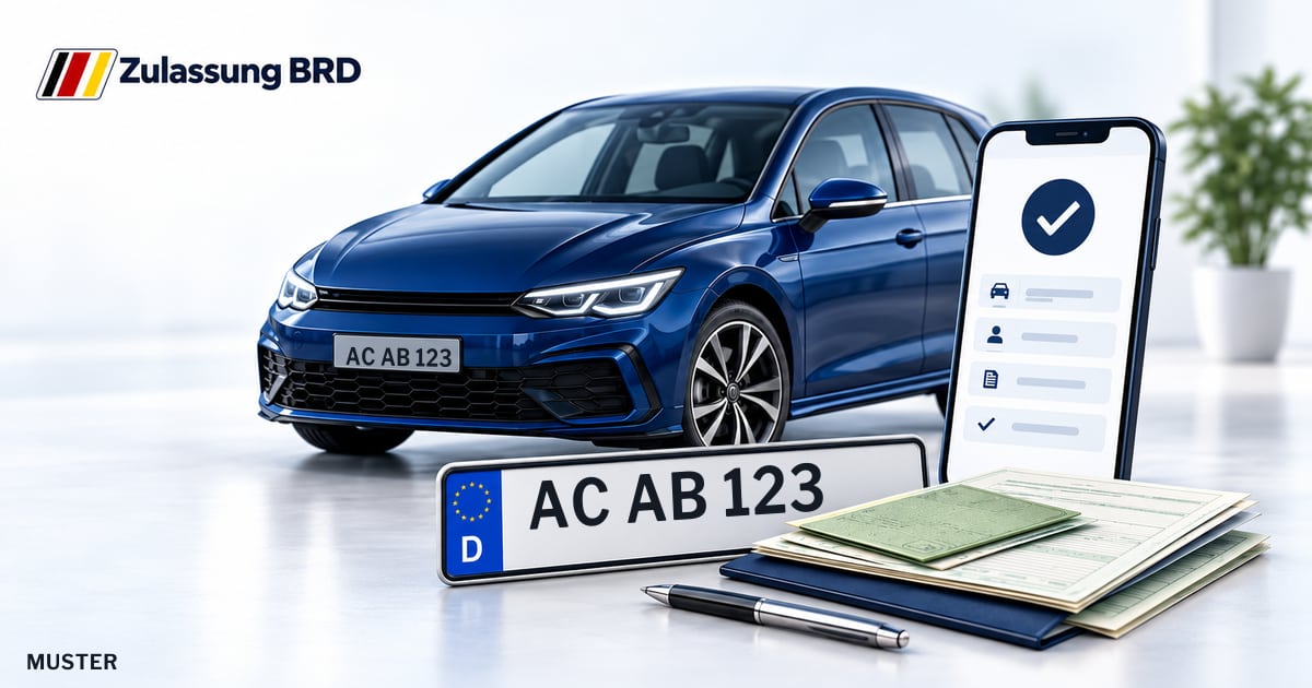Online Fahrzeugzulassung in Eschweiler: Musterkennzeichen AC AB 123, Auto und Fahrzeugpapiere und Smartphone. Illustration mit Logo von Zulassung BRD.